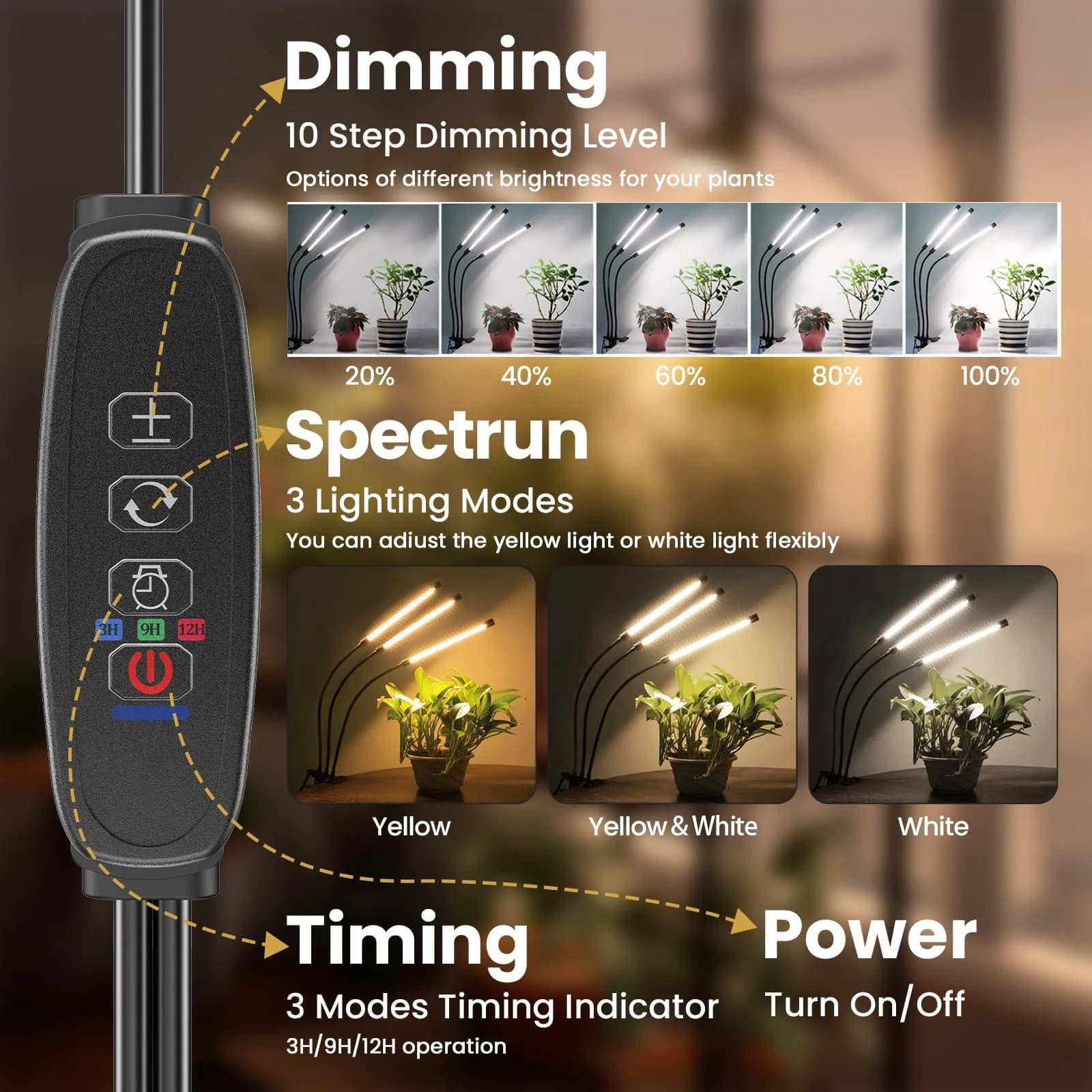bseah Yellow & White 3-Tube Grow Light for Indoor Plants with Timer & Dimmer - view 4