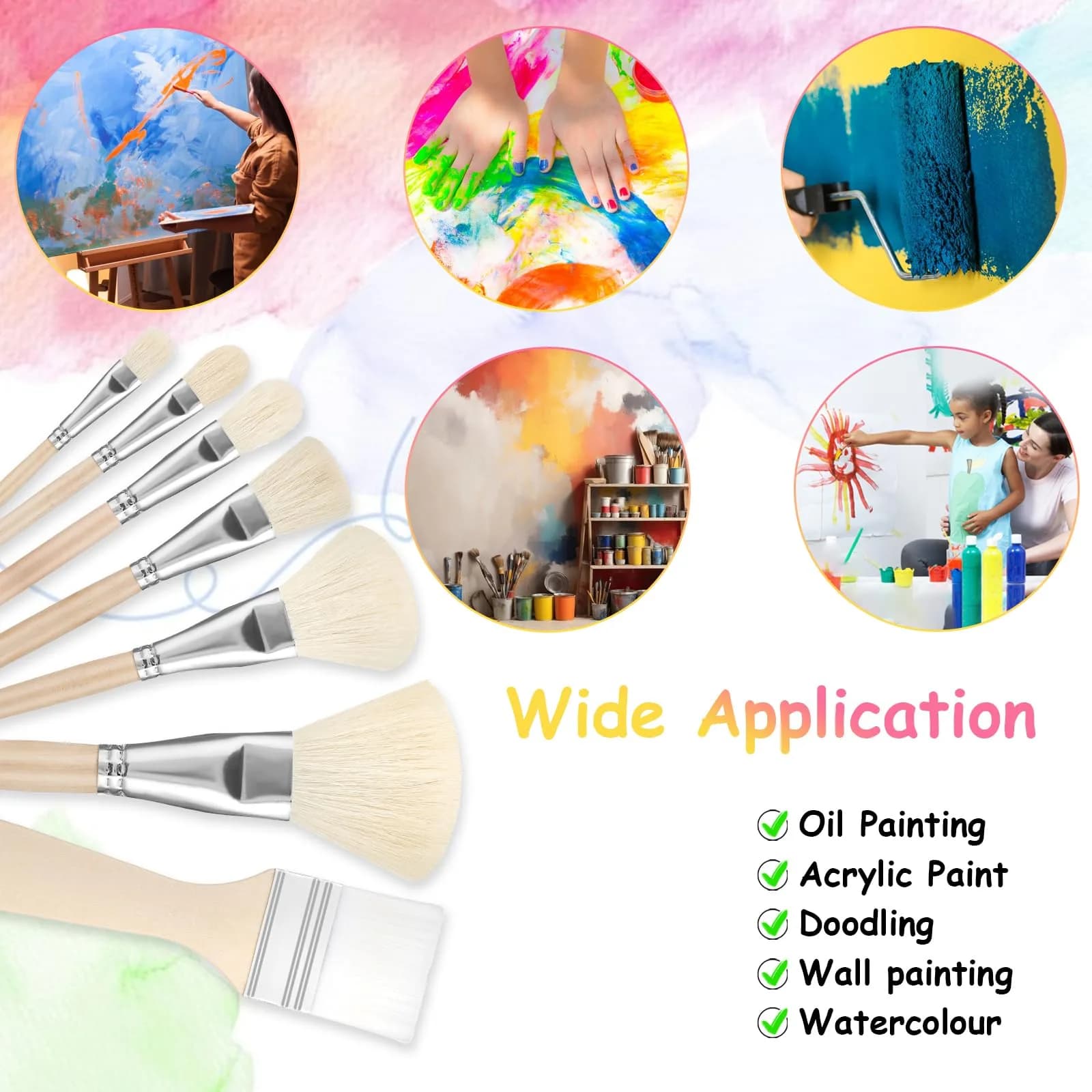 Jeffdad 7Pcs Mop Brush Set for Acrylic Painting | Goat Hair Blending Brushes for Watercolor, Oil, Wall Art - view 4