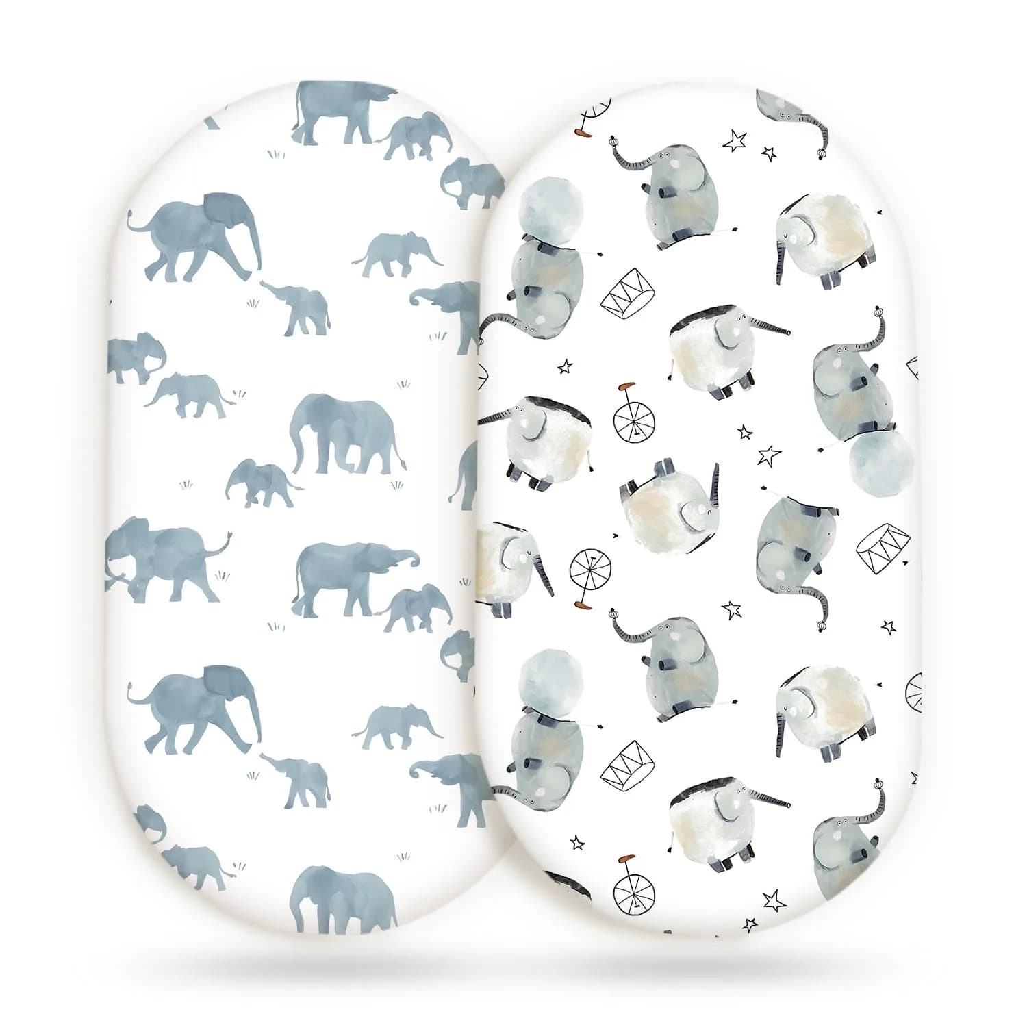 GRSSDER Stretchy Ultra Soft Fitted Bassinet Sheet Set 2 Pack, Universal Fit 81cm x 41cm x 13cm | Baby Cradle Moses Basket Mattress Cover — Elephant
