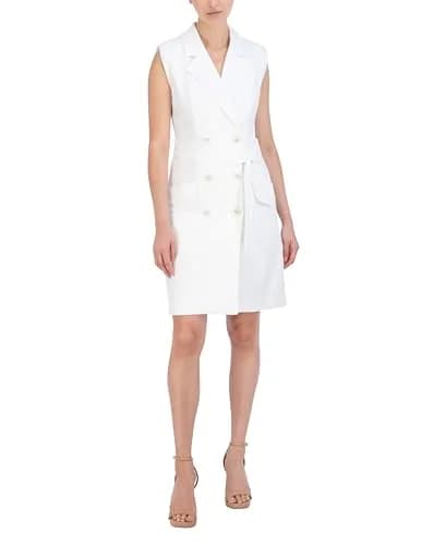 BCBG New York Women's Sleeveless V Neck Mini Day Dress with Detachable Sash, Marshmallow | Flattering Crepe Silhouette thumbnail 1