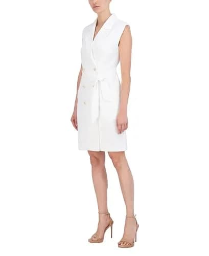 BCBG New York Women's Sleeveless V Neck Mini Day Dress with Detachable Sash, Marshmallow | Flattering Crepe Silhouette thumbnail 2