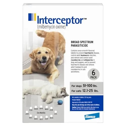 Interceptor for Dogs and Cats 51-100 lbs / 12.1-25 lbs | Monthly Heartworm & Worm Prevention thumbnail 1
