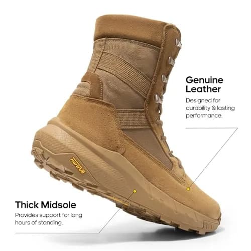 NORTIV 8 Men's Coyote Tactical Military Work Boots 8-inch Shaft | Breathable Leather & Side Zip thumbnail 6