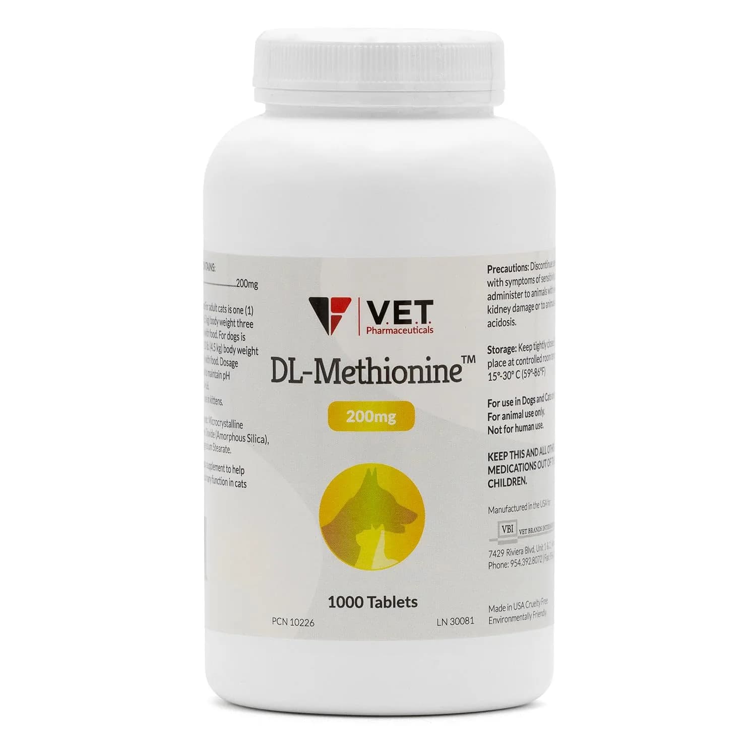 V.E.T. PHARMACEUTICALS DL Methionine Tablets 200mg | Urinary pH Support for Dogs & Cats