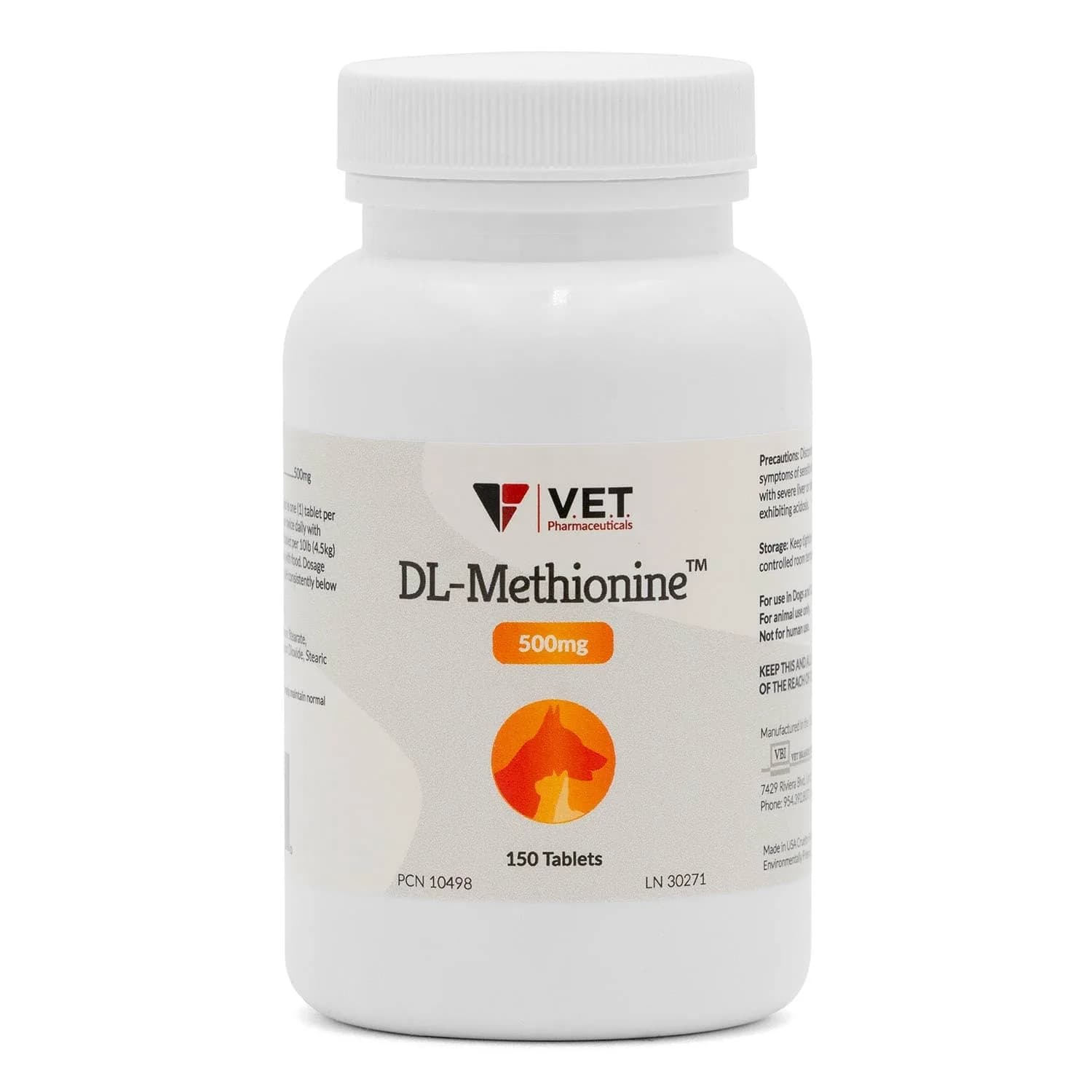 V.E.T. PHARMACEUTICALS DL Methionine Tablets 500mg | Urinary pH Support for Dogs & Cats - main product image