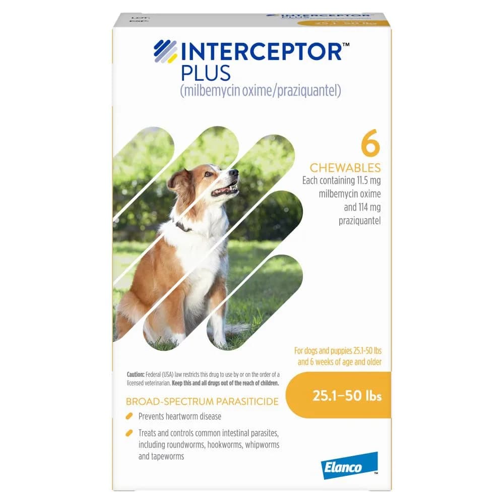Interceptor Plus Monthly Tablets for Dogs 2-8 lbs | Heartworm & Worms Protection — 6-Month Supply / 25.1-50 lbs