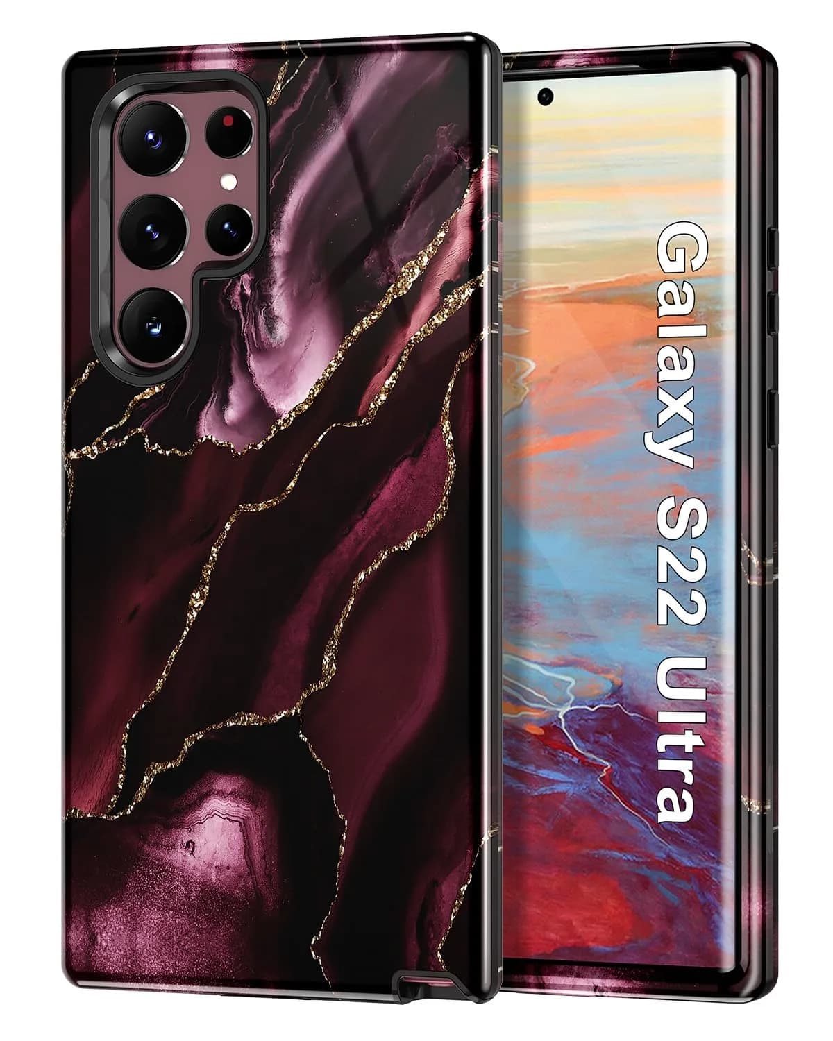 Btscase Samsung Galaxy S22 Ultra 5G Case, Marble Pattern 3 in 1 Heavy Duty Shockproof Full Body Rugged Hard PC+Soft Silicone Drop Protective Women Girl Covers, Wine Red | Support Wireless Charging
