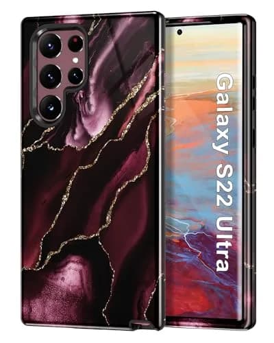 Btscase Samsung Galaxy S22 Ultra 5G Case, Marble Pattern 3 in 1 Heavy Duty Shockproof Full Body Rugged Hard PC+Soft Silicone Drop Protective Women Girl Covers, Wine Red | Support Wireless Charging thumbnail 1