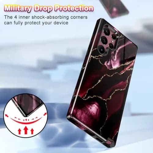 Btscase Samsung Galaxy S22 Ultra 5G Case, Marble Pattern 3 in 1 Heavy Duty Shockproof Full Body Rugged Hard PC+Soft Silicone Drop Protective Women Girl Covers, Wine Red | Support Wireless Charging thumbnail 4