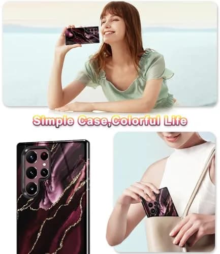 Btscase Samsung Galaxy S22 Ultra 5G Case, Marble Pattern 3 in 1 Heavy Duty Shockproof Full Body Rugged Hard PC+Soft Silicone Drop Protective Women Girl Covers, Wine Red | Support Wireless Charging thumbnail 7