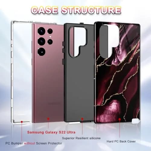 Btscase Samsung Galaxy S22 Ultra 5G Case, Marble Pattern 3 in 1 Heavy Duty Shockproof Full Body Rugged Hard PC+Soft Silicone Drop Protective Women Girl Covers, Wine Red | Support Wireless Charging thumbnail 2