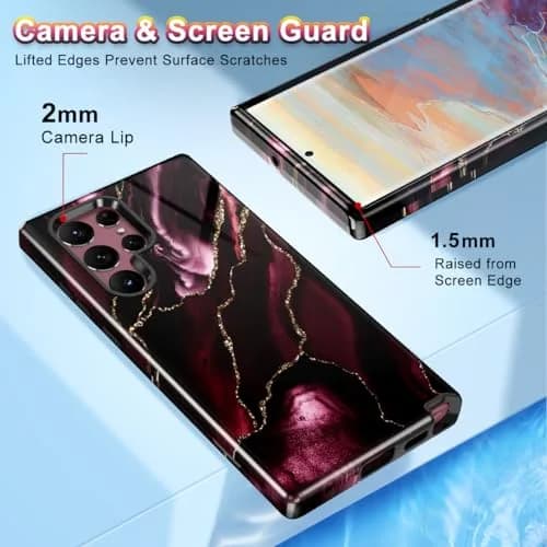 Btscase Samsung Galaxy S22 Ultra 5G Case, Marble Pattern 3 in 1 Heavy Duty Shockproof Full Body Rugged Hard PC+Soft Silicone Drop Protective Women Girl Covers, Wine Red | Support Wireless Charging thumbnail 3