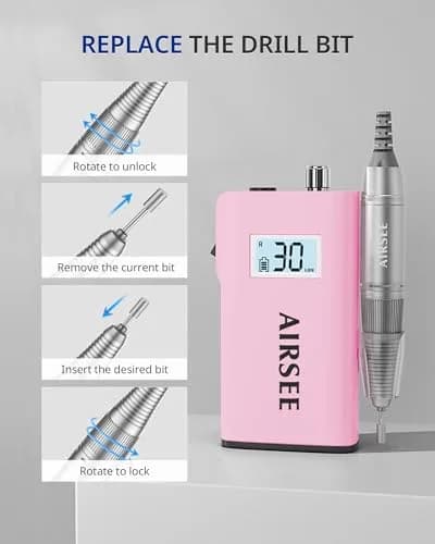 AIRSEE Rechargeable 30000RPM Electric Nail Drill E8 Pink | Professional Portable E File Machine thumbnail 6