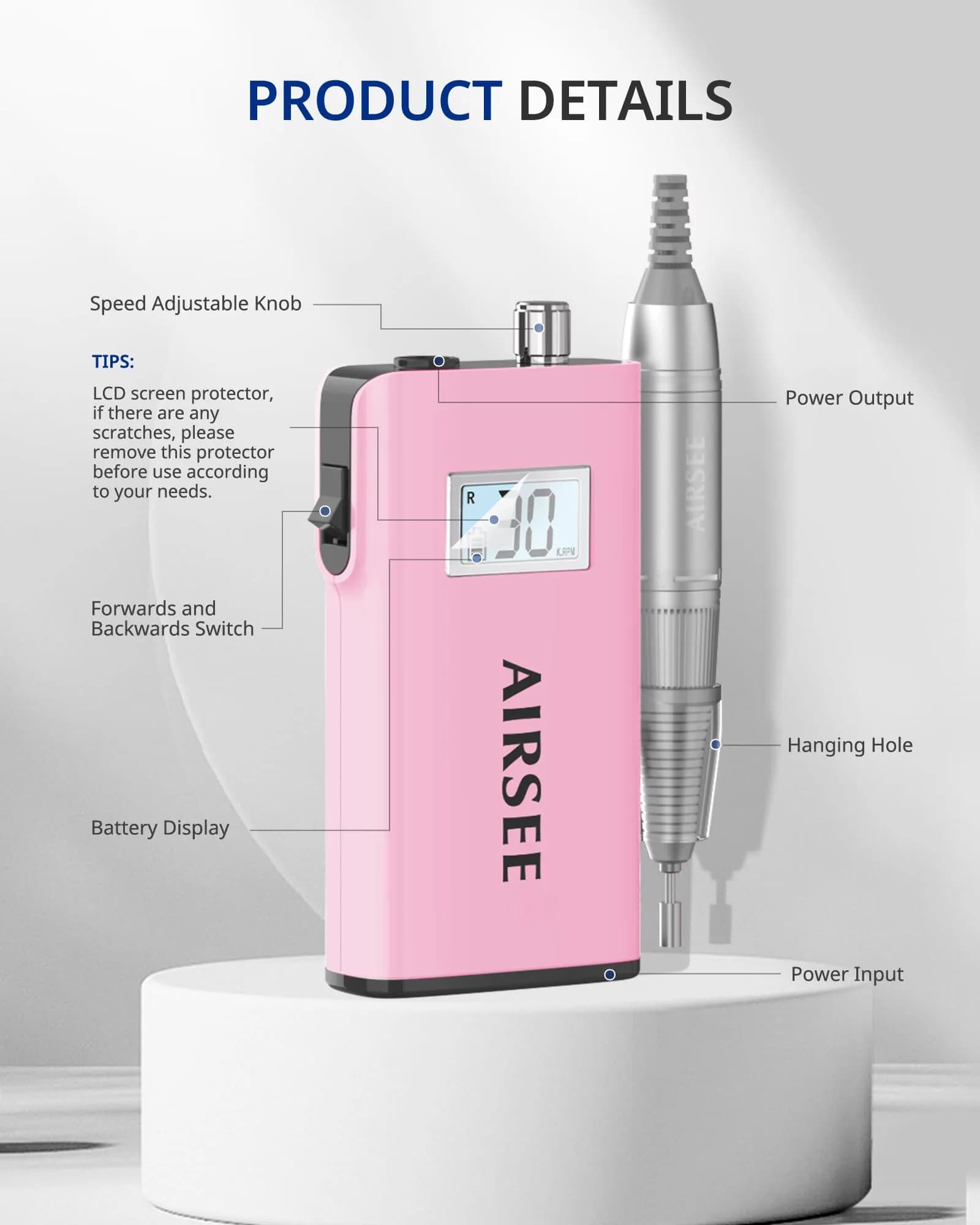 AIRSEE Rechargeable 30000RPM Electric Nail Drill E8 Pink | Professional Portable E File Machine - view 3