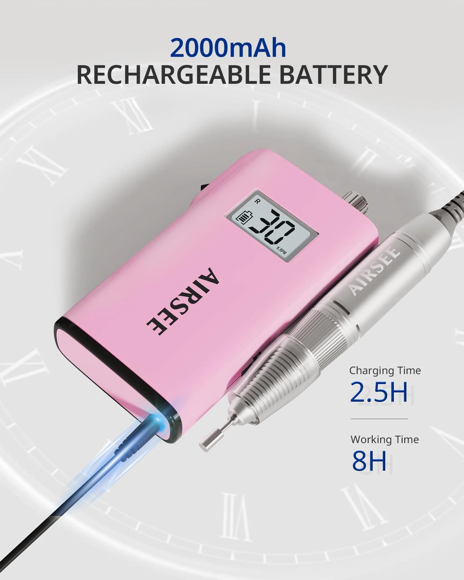 AIRSEE Rechargeable 30000RPM Electric Nail Drill E8 Pink | Professional Portable E File Machine - view 4