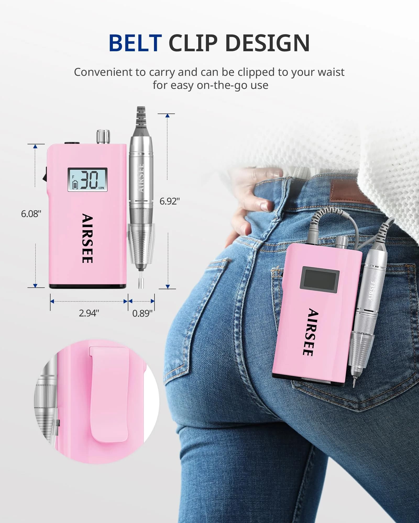 AIRSEE Rechargeable 30000RPM Electric Nail Drill E8 Pink | Professional Portable E File Machine - view 5