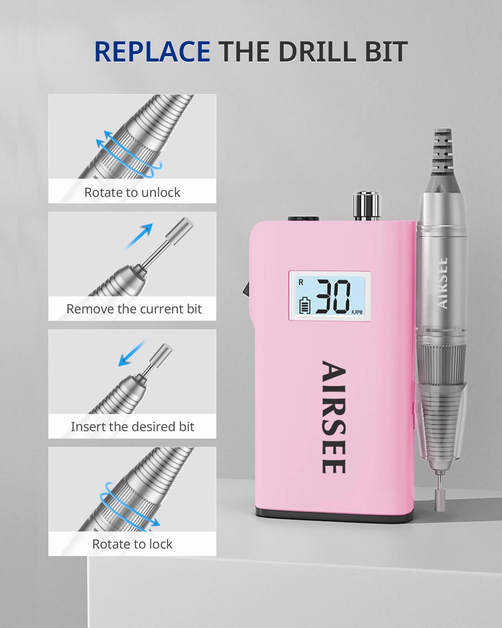 AIRSEE Rechargeable 30000RPM Electric Nail Drill E8 Pink | Professional Portable E File Machine - view 6