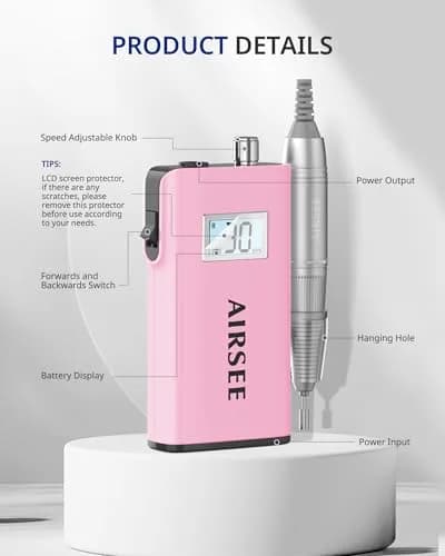 AIRSEE Rechargeable 30000RPM Electric Nail Drill E8 Pink | Professional Portable E File Machine thumbnail 3