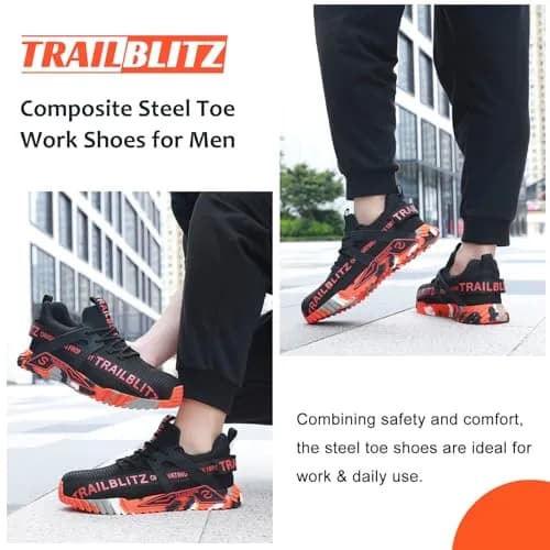 TRAILBLITZ Composite Steel Toe Work Shoes for Men - Lightweight, Breathable, Slip-Resistant (US Men 10, Orange) thumbnail 7