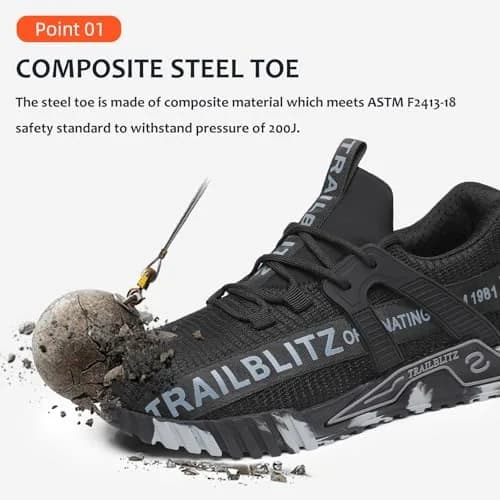 TRAILBLITZ Composite Steel Toe Work Shoes for Men Black | ASTM F2413-18 Certified Safety Sneakers thumbnail 2