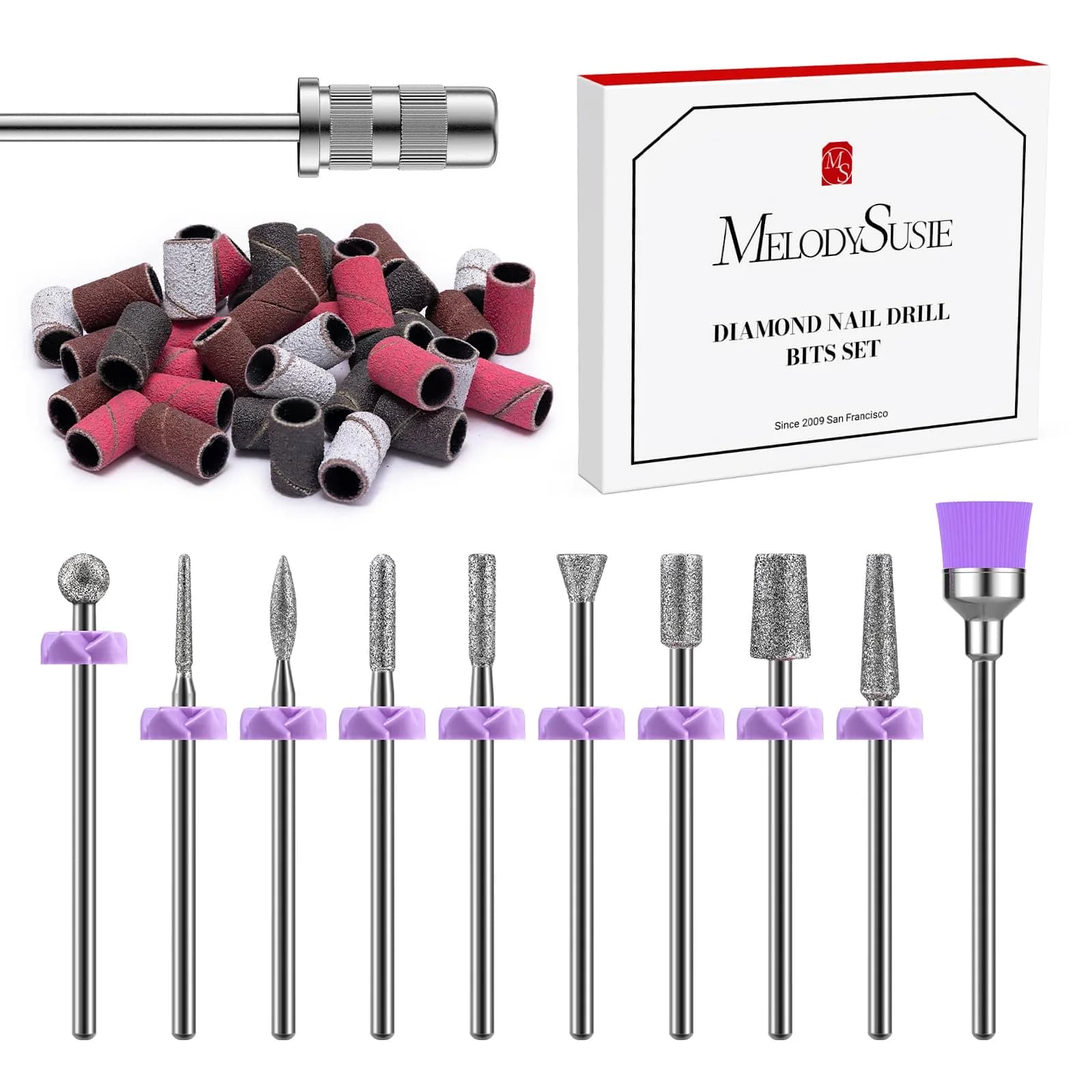 MelodySusie Diamond Nail Drill Bit Set with Sanding Bands & Mandrel Bit | 10Pcs Diamond Bits + 40pcs Sanding Bands (Grits #120/#180/#240)