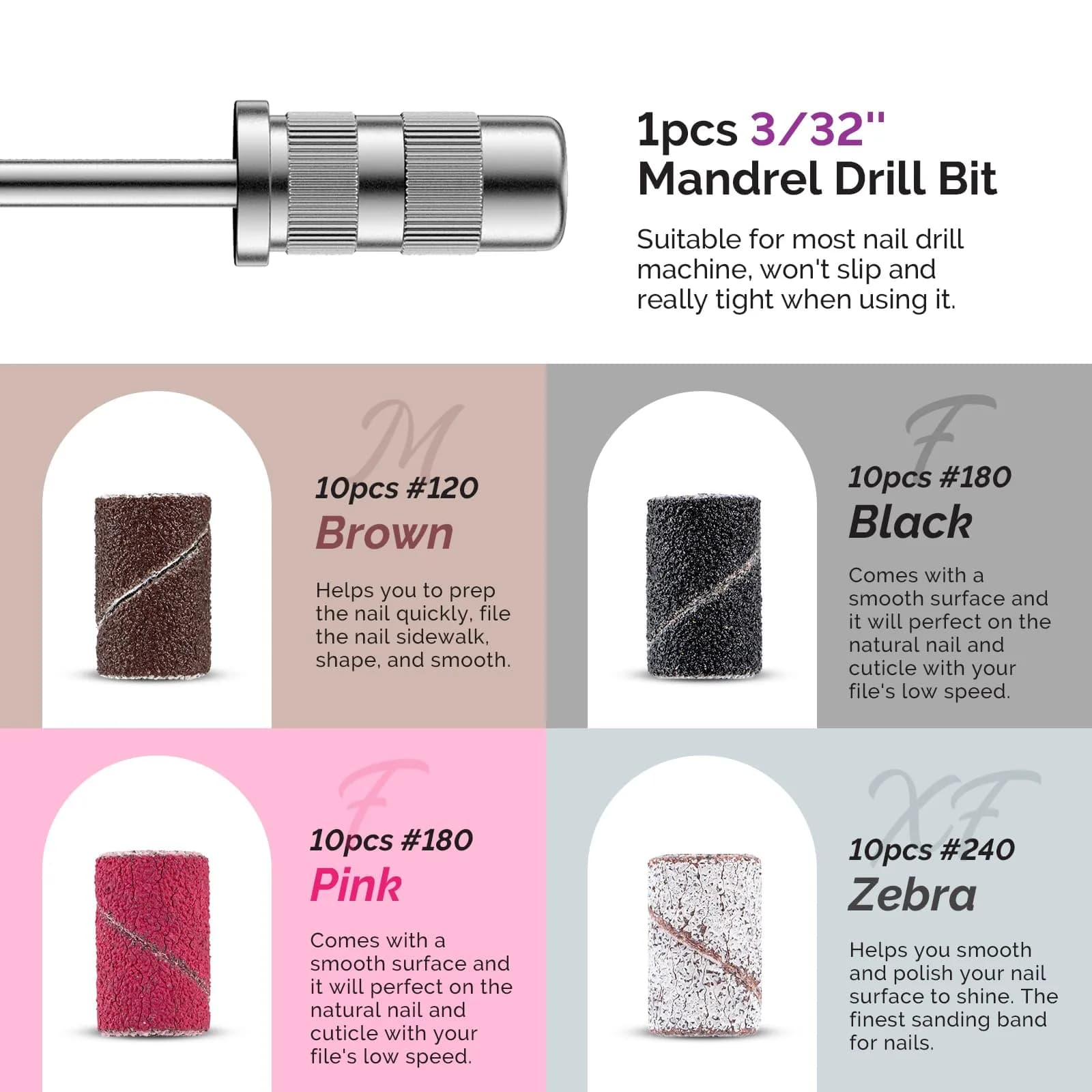 MelodySusie Diamond Nail Drill Bit Set with Sanding Bands & Mandrel Bit | 10Pcs Diamond Bits + 40pcs Sanding Bands (Grits #120/#180/#240) - view 5