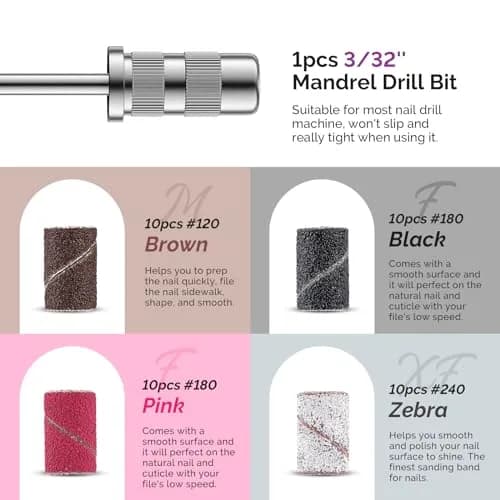 MelodySusie Diamond Nail Drill Bit Set with Sanding Bands & Mandrel Bit | 10Pcs Diamond Bits + 40pcs Sanding Bands (Grits #120/#180/#240) thumbnail 5