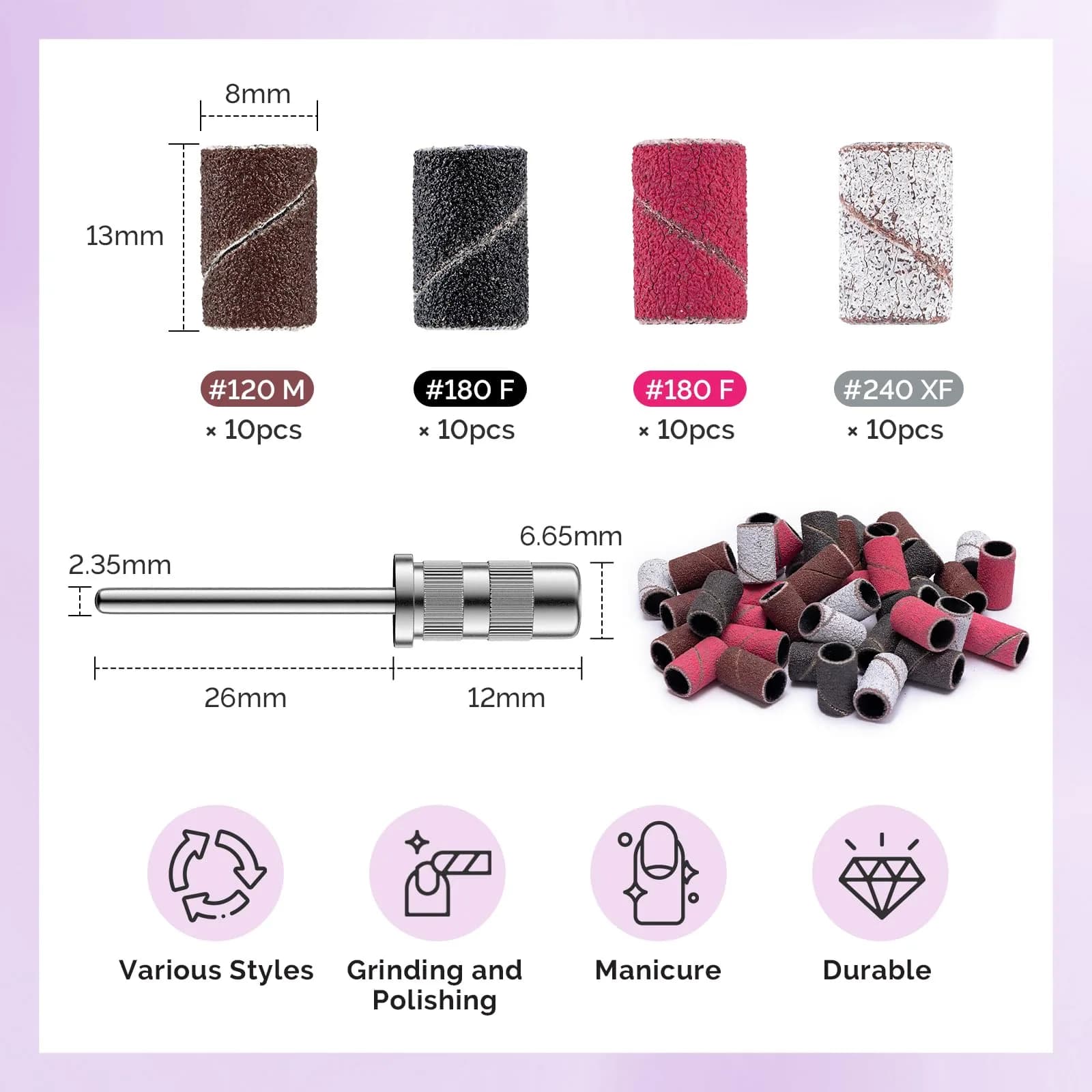 MelodySusie Diamond Nail Drill Bit Set with Sanding Bands & Mandrel Bit | 10Pcs Diamond Bits + 40pcs Sanding Bands (Grits #120/#180/#240) - view 6