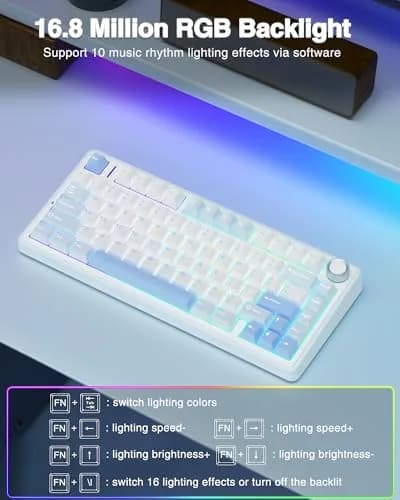AULA F75 Wireless Mechanical Keyboard 75% RGB Backlit, Hot Swappable, Type-C & Bluetooth, Salt White Blue | Gaming & Office thumbnail 4