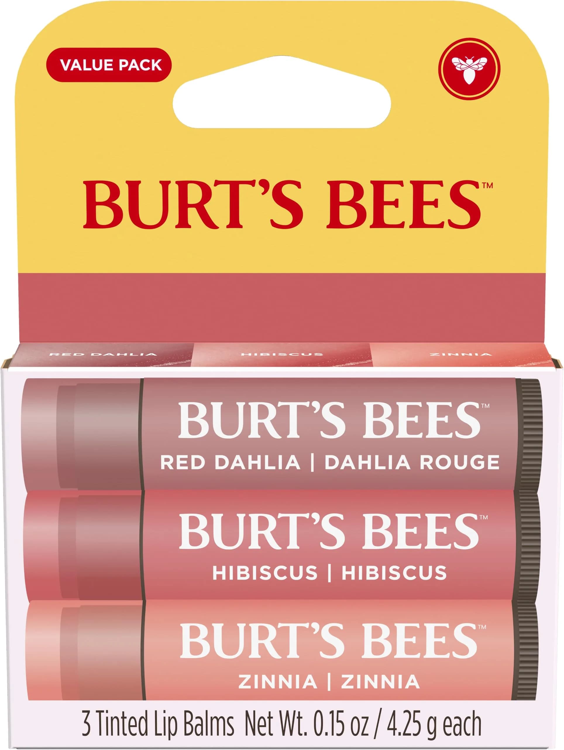 Burt's Bees Tinted Lip Balm Trio: Red Dahlia, Hibiscus & Zinnia for 8-Hour Natural Moisture - main product image