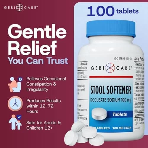 GeriCare Docusate Sodium Stool Softeners 100mg | Dye-Free, Crushable Tablets for Constipation Relief (100 Count) thumbnail 2