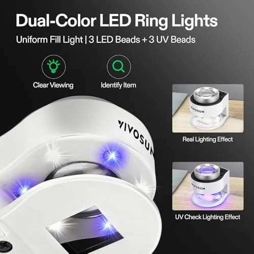 VIVOSUN 30X Rechargeable Magnifier with Dual LED & UV Light, White | Optical Glass Lens for Jewelry, Gems, Coins, Stamps, Rocks, Plants thumbnail 3