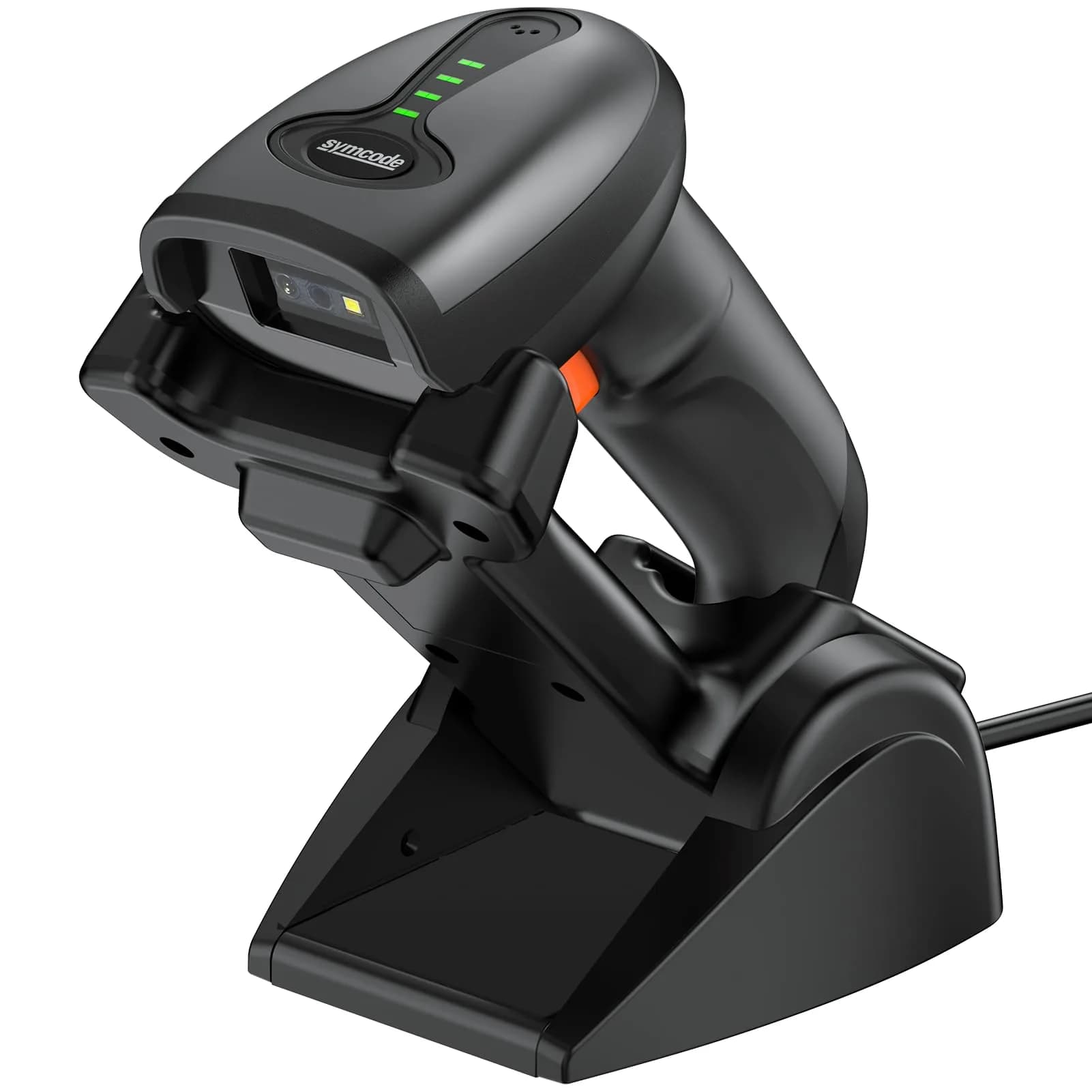 Symcode MJ-4590A Wireless 1D Laser Barcode Scanner with Auto-Sensing Stand & Battery Indicator | 200m Range — 2D
