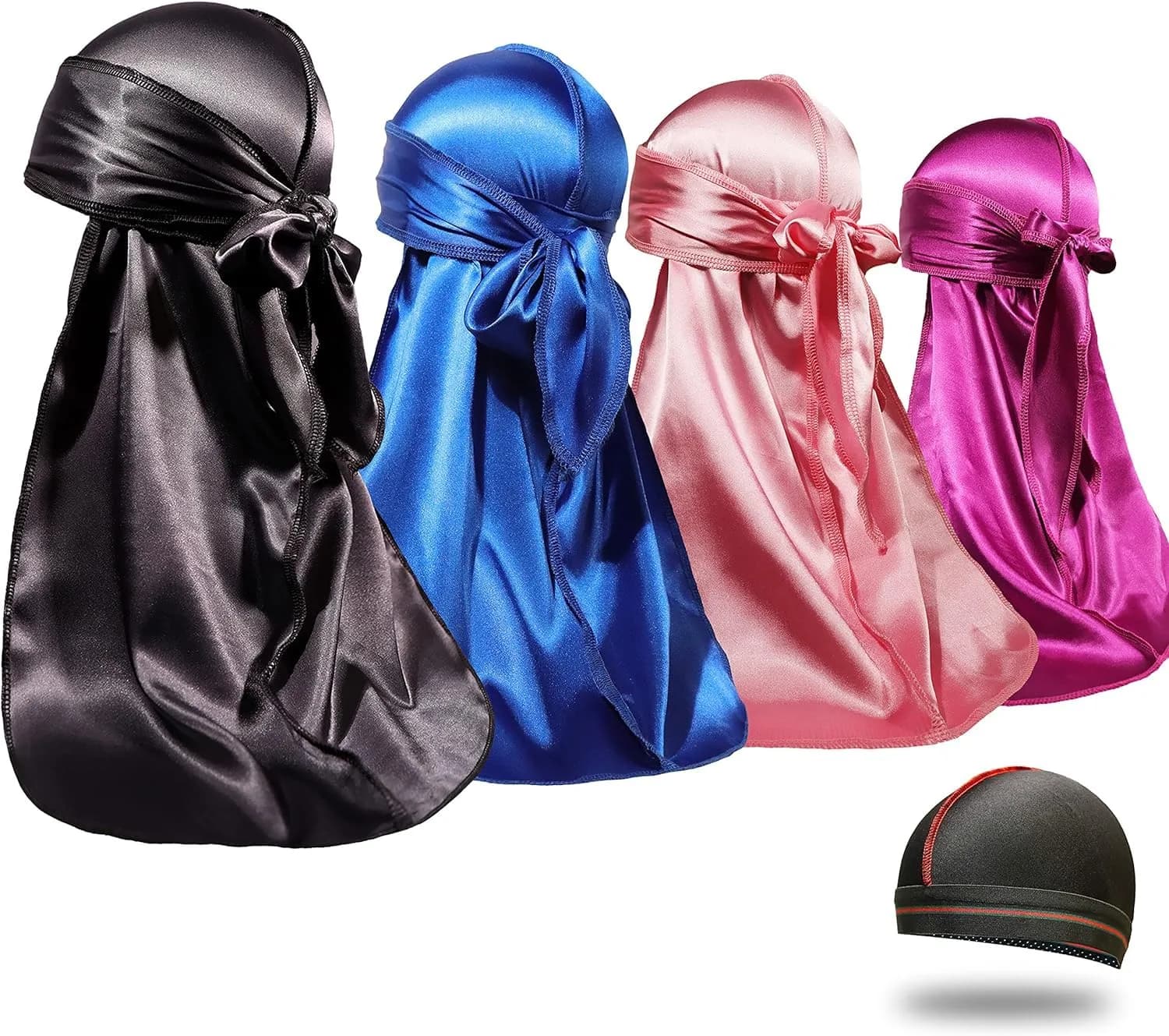ForceWave Silky Satin Durags & Wave Cap Set for Men & Women - 4 Durags + 1 Cap (Black, Blue, Gray, Red) | Moisture-Retaining Fabric — Black Blue Pink Purple