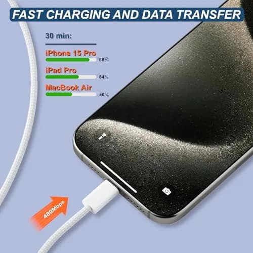 TOP-UP Braided USB C to USB C Cable 3.3FT 2 Pack | 60W PD Fast Charging & Data Sync thumbnail 4