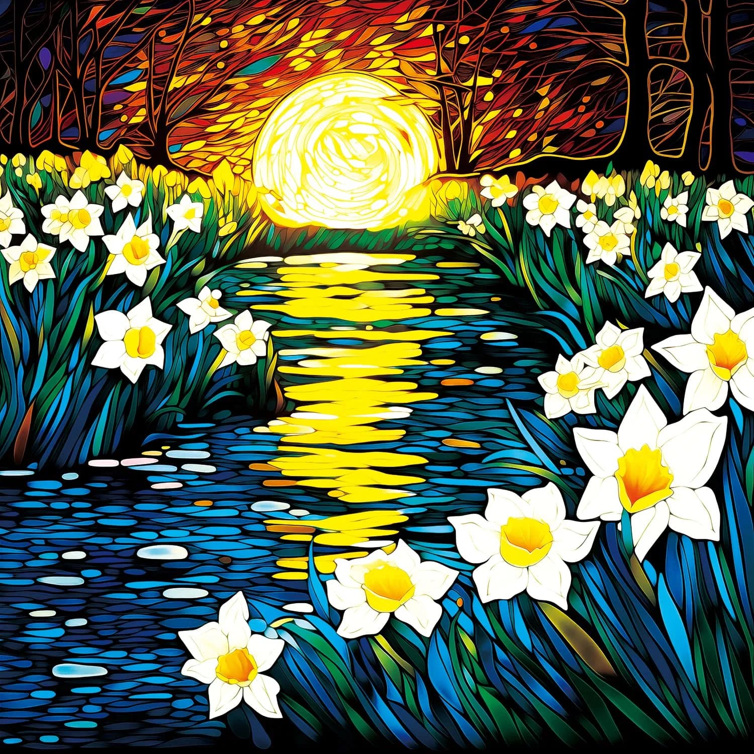 Bgraamiens Puzzle-Moonlight Daffodils 1000 Pieces Square Puzzle | Beautiful Daffodils in Moonlight for Adults - main product image