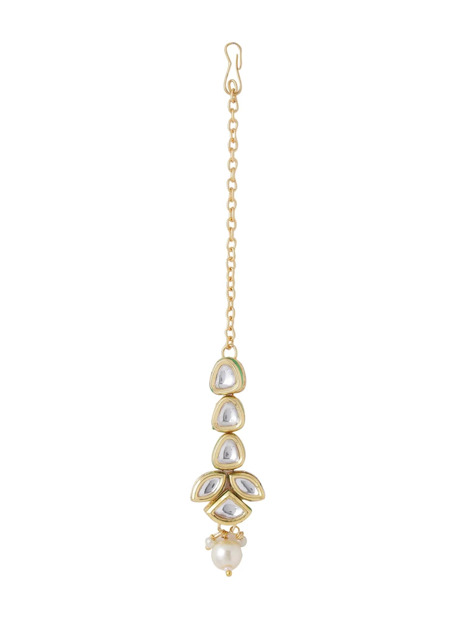 Yellow Chimes Kundan Maang Tikka for Women Gold Toned White Beads Drop | 14cm (5.5in) - main product image