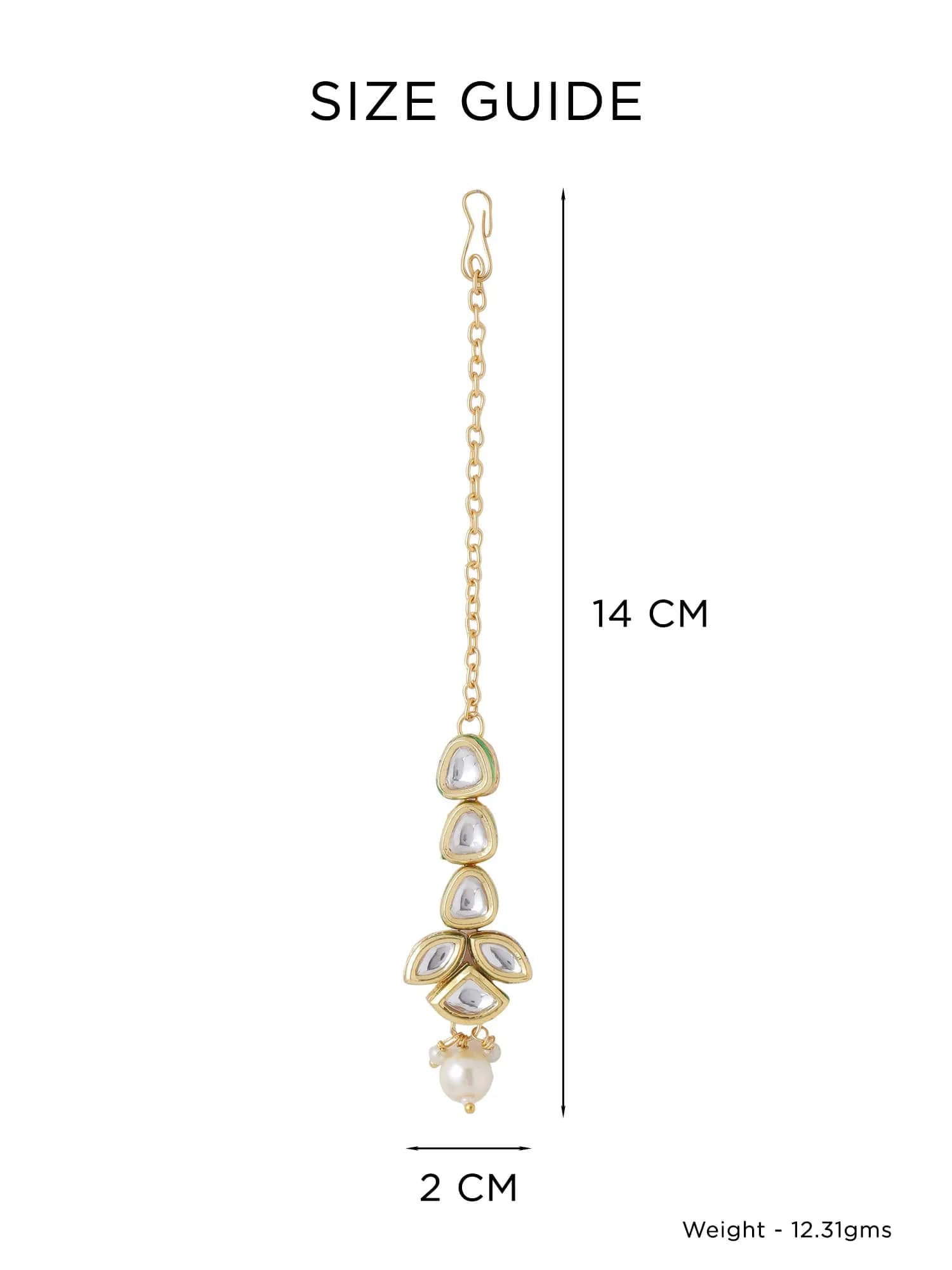 Yellow Chimes Kundan Maang Tikka for Women Gold Toned White Beads Drop | 14cm (5.5in) - view 4