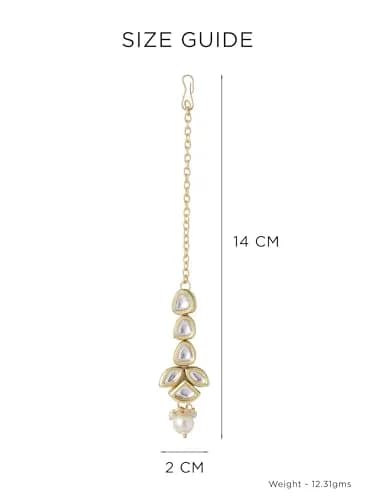 Yellow Chimes Kundan Maang Tikka for Women Gold Toned White Beads Drop | 14cm (5.5in) thumbnail 4