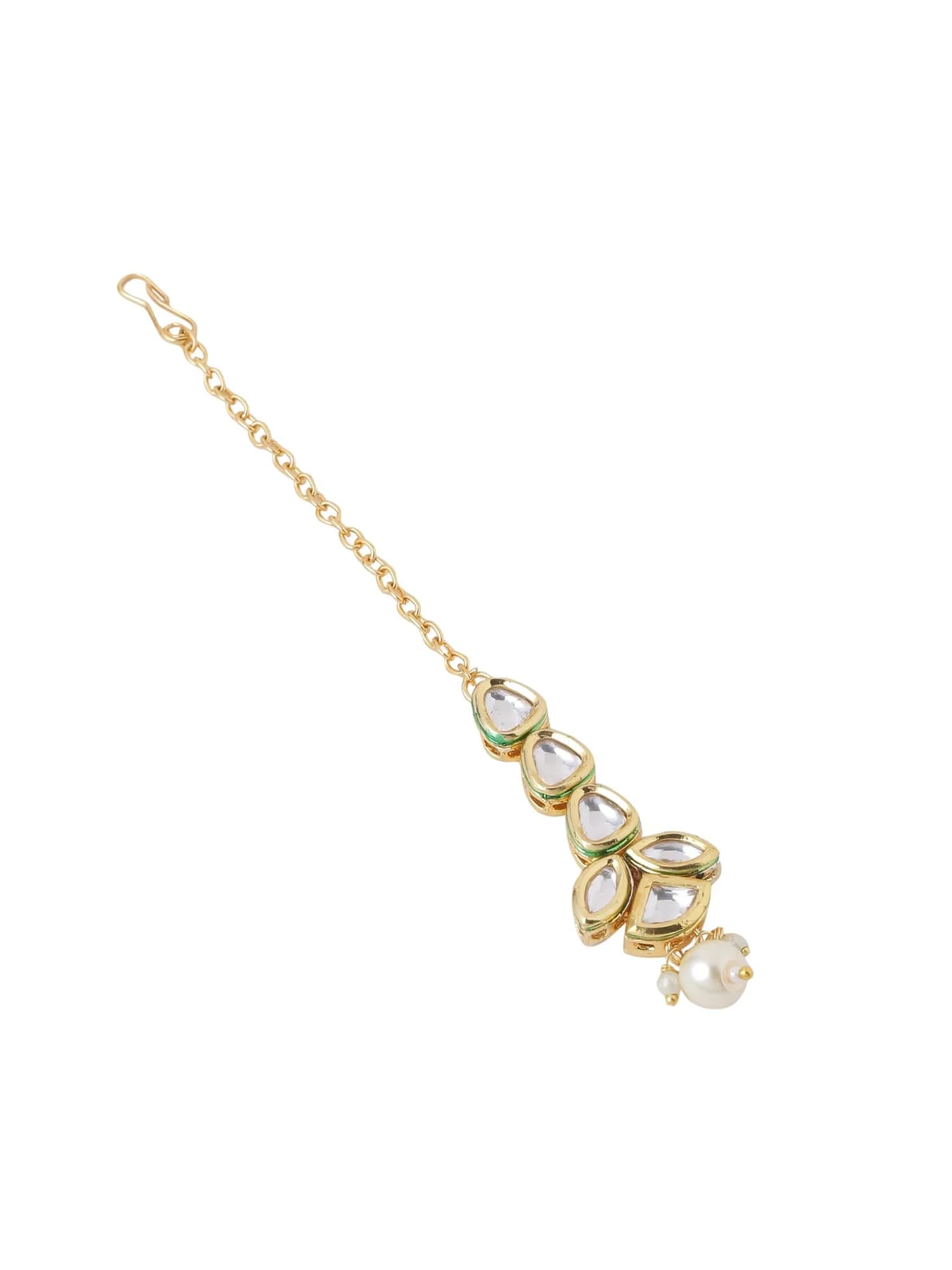 Yellow Chimes Kundan Maang Tikka for Women Gold Toned White Beads Drop | 14cm (5.5in) - view 5