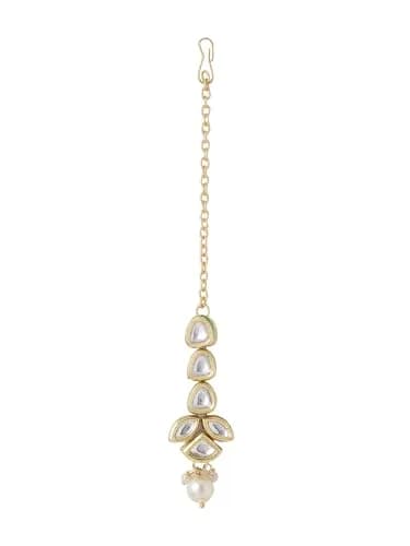 Yellow Chimes Kundan Maang Tikka for Women Gold Toned White Beads Drop | 14cm (5.5in) thumbnail 1