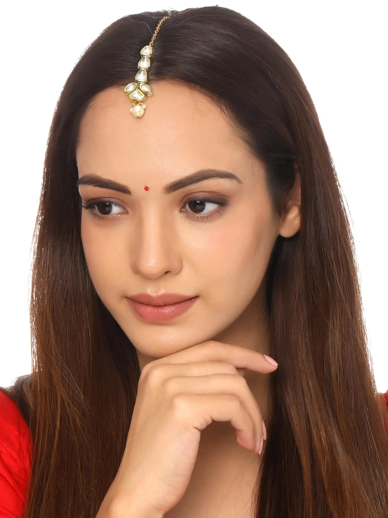 Yellow Chimes Kundan Maang Tikka for Women Gold Toned White Beads Drop | 14cm (5.5in) - view 2