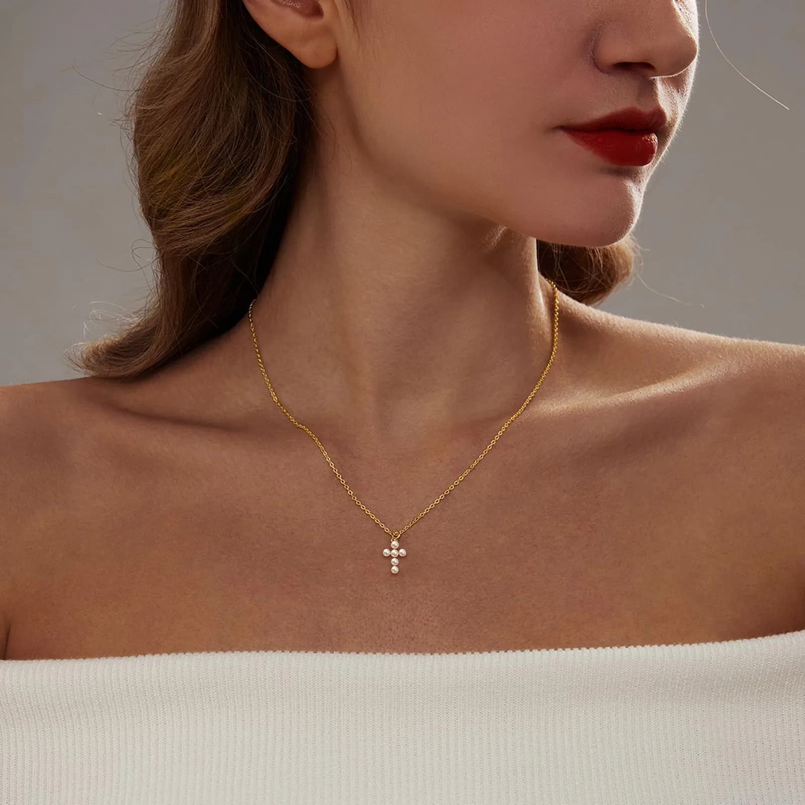 HERIER Gold Pearl Cross Necklace for Women 18K Gold Plated 41.9cm (16.5") | Faith & Fashion Jewelry - view 2