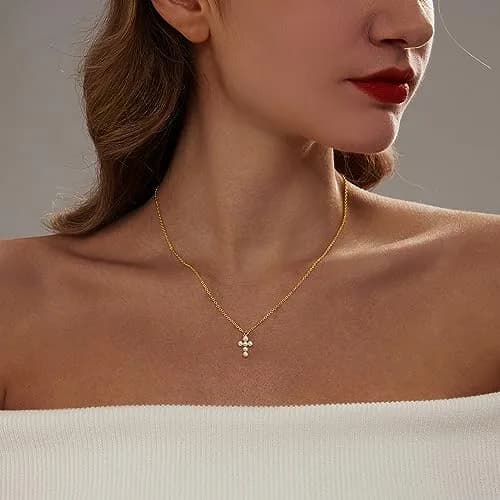 HERIER Gold Pearl Cross Necklace for Women 18K Gold Plated 41.9cm (16.5") | Faith & Fashion Jewelry thumbnail 2
