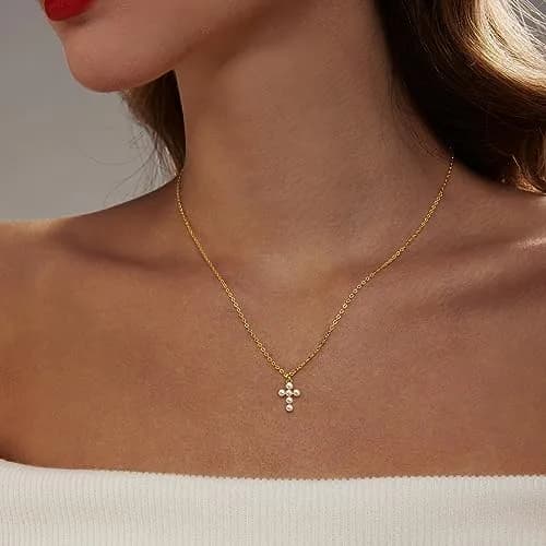 HERIER Gold Pearl Cross Necklace for Women 18K Gold Plated 41.9cm (16.5") | Faith & Fashion Jewelry thumbnail 3