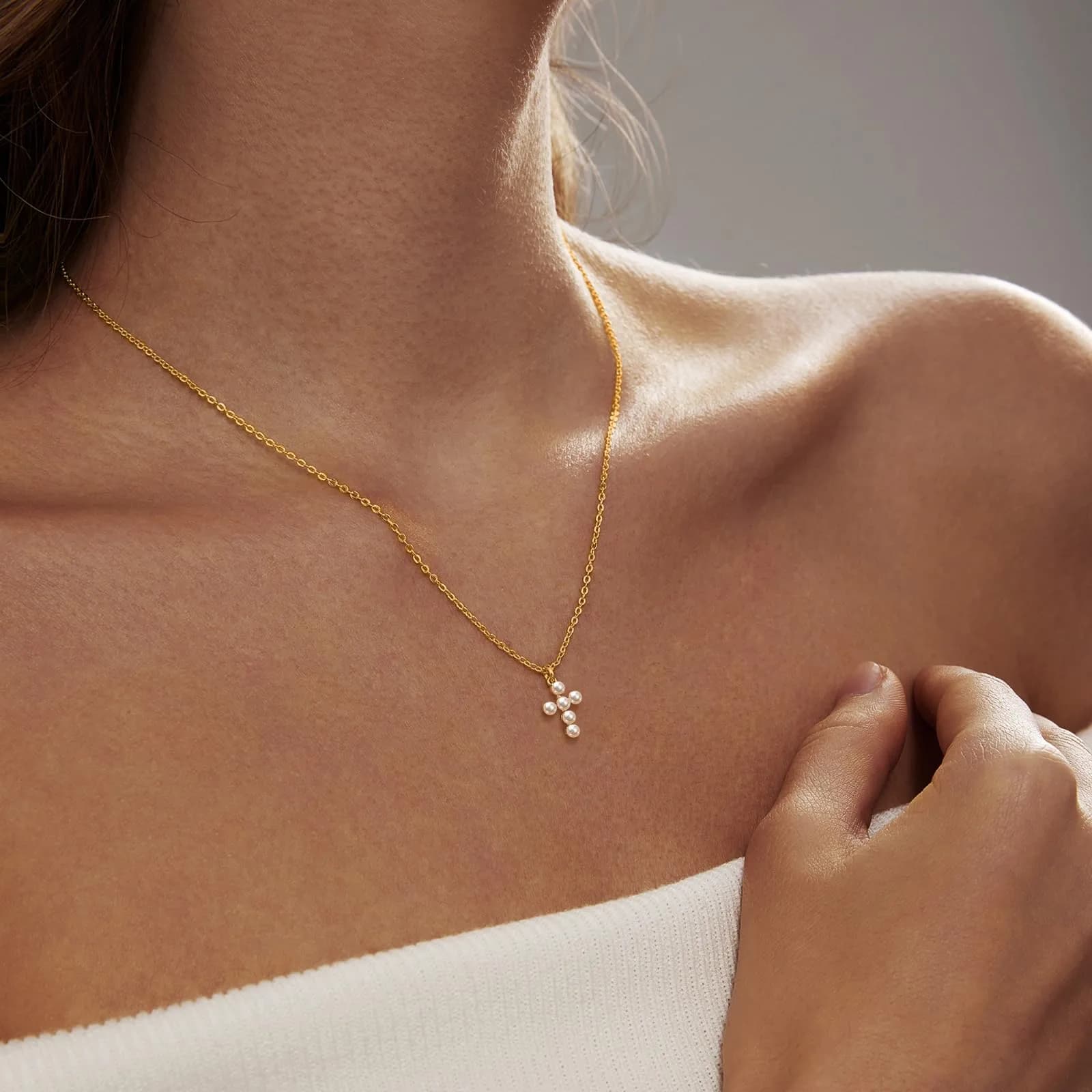 HERIER Gold Pearl Cross Necklace for Women 18K Gold Plated 41.9cm (16.5") | Faith & Fashion Jewelry - view 4