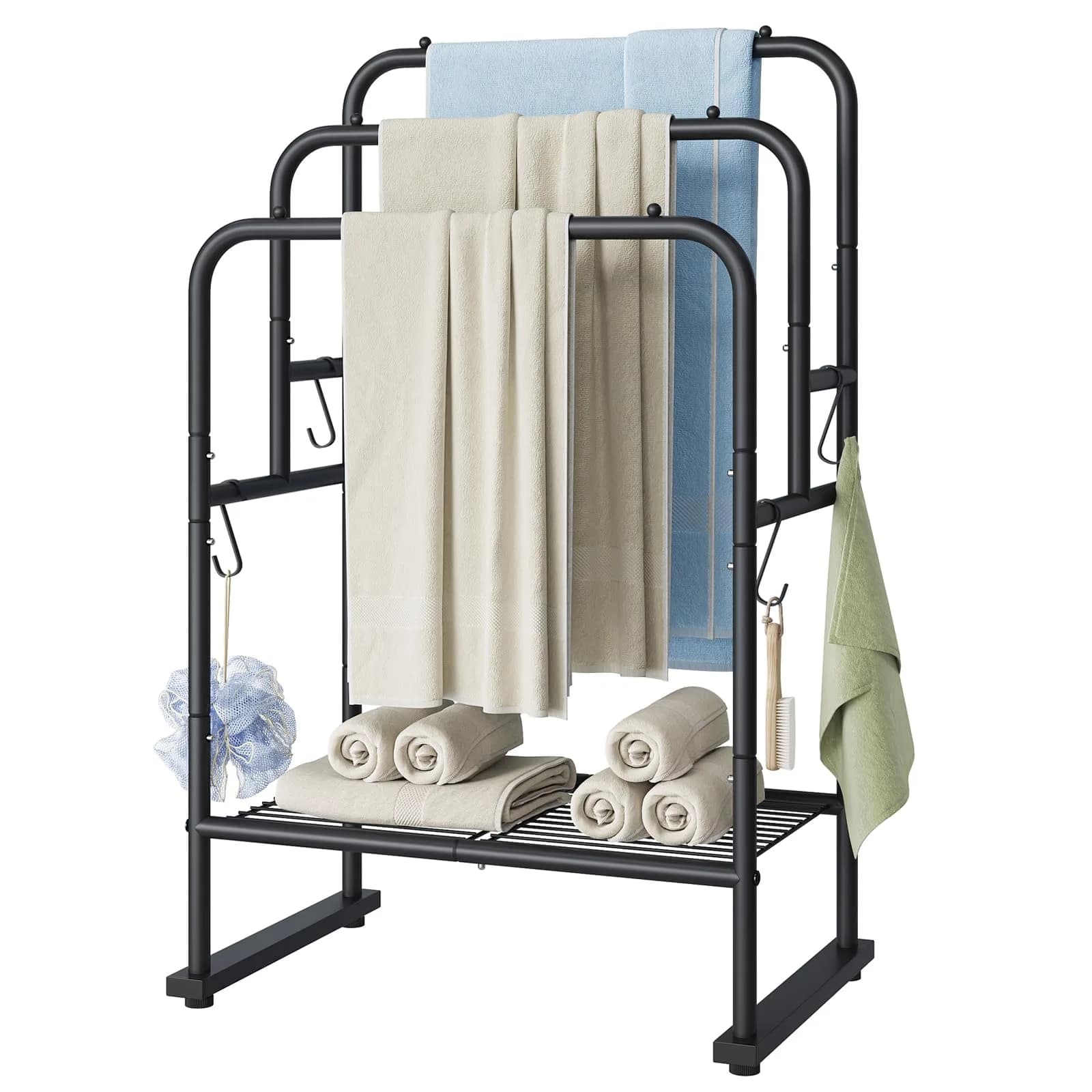 ELYKEN 3 Tier Freestanding Towel Rack with Shelf, 40" H, Black | Modern Bathroom & Poolside Organizer