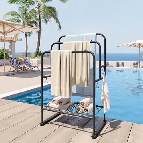 ELYKEN 3 Tier Freestanding Towel Rack with Shelf, 40" H, Black | Modern Bathroom & Poolside Organizer thumbnail 6