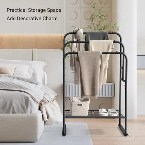 ELYKEN 3 Tier Freestanding Towel Rack with Shelf, 40" H, Black | Modern Bathroom & Poolside Organizer thumbnail 7