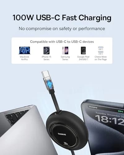 Baseus Retractable USB C to USB C Cable 2m (6.6ft) | 100W Fast Charging, Data Transfer, Nylon Braided thumbnail 2